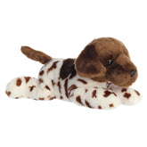 A brown and white German Shorthair plush dog with expressive eyes and soft body.